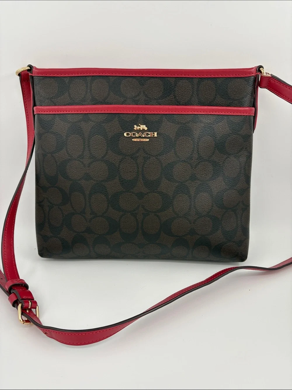 Coach Brown Signature Crossbody with Red Trim